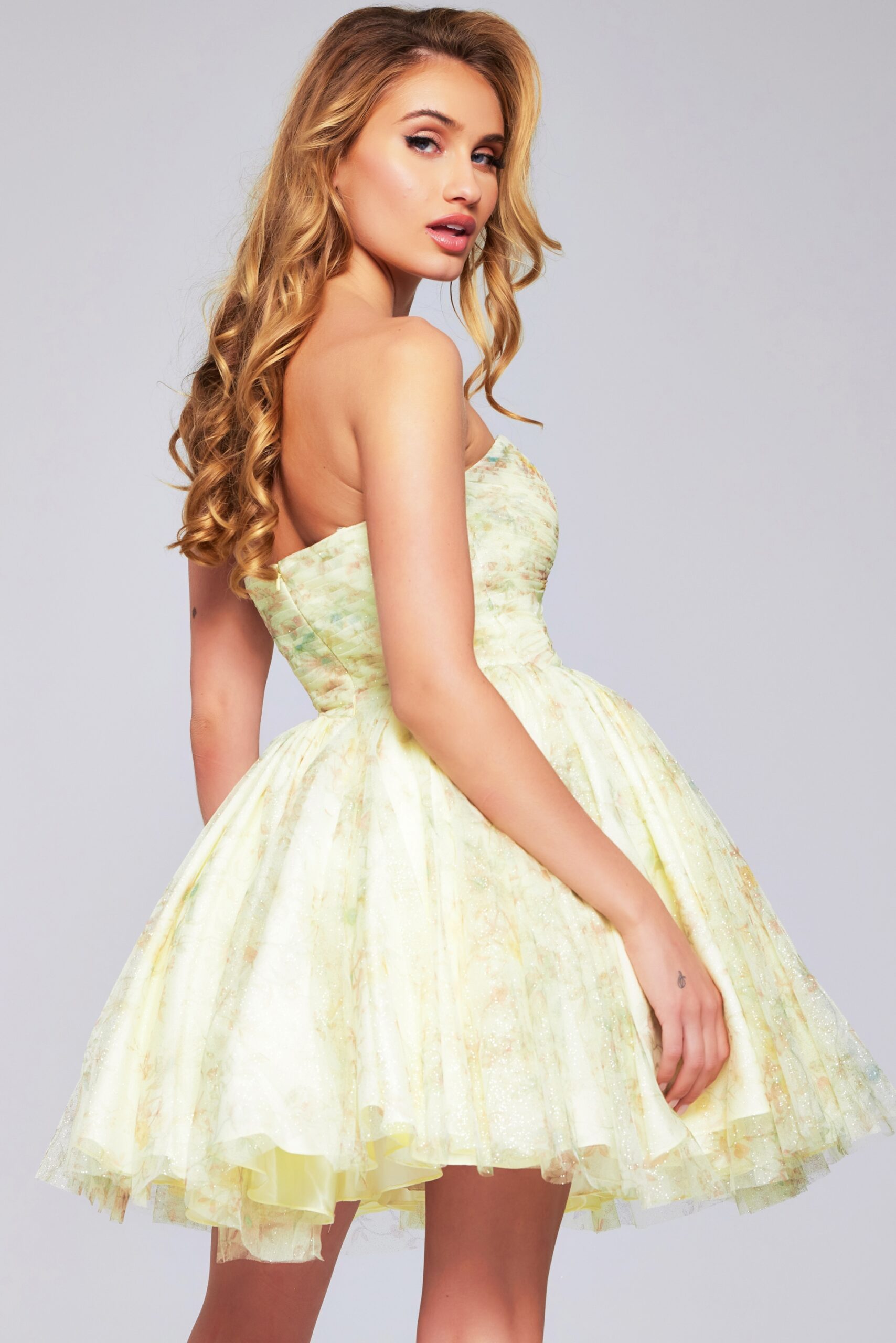 Strapless Sweetheart Floral Print Tulle Dress 40374