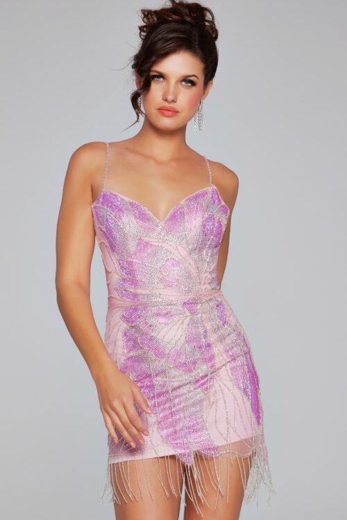 Model wearing Embellished Lilac V Neckline Short Dress 40377