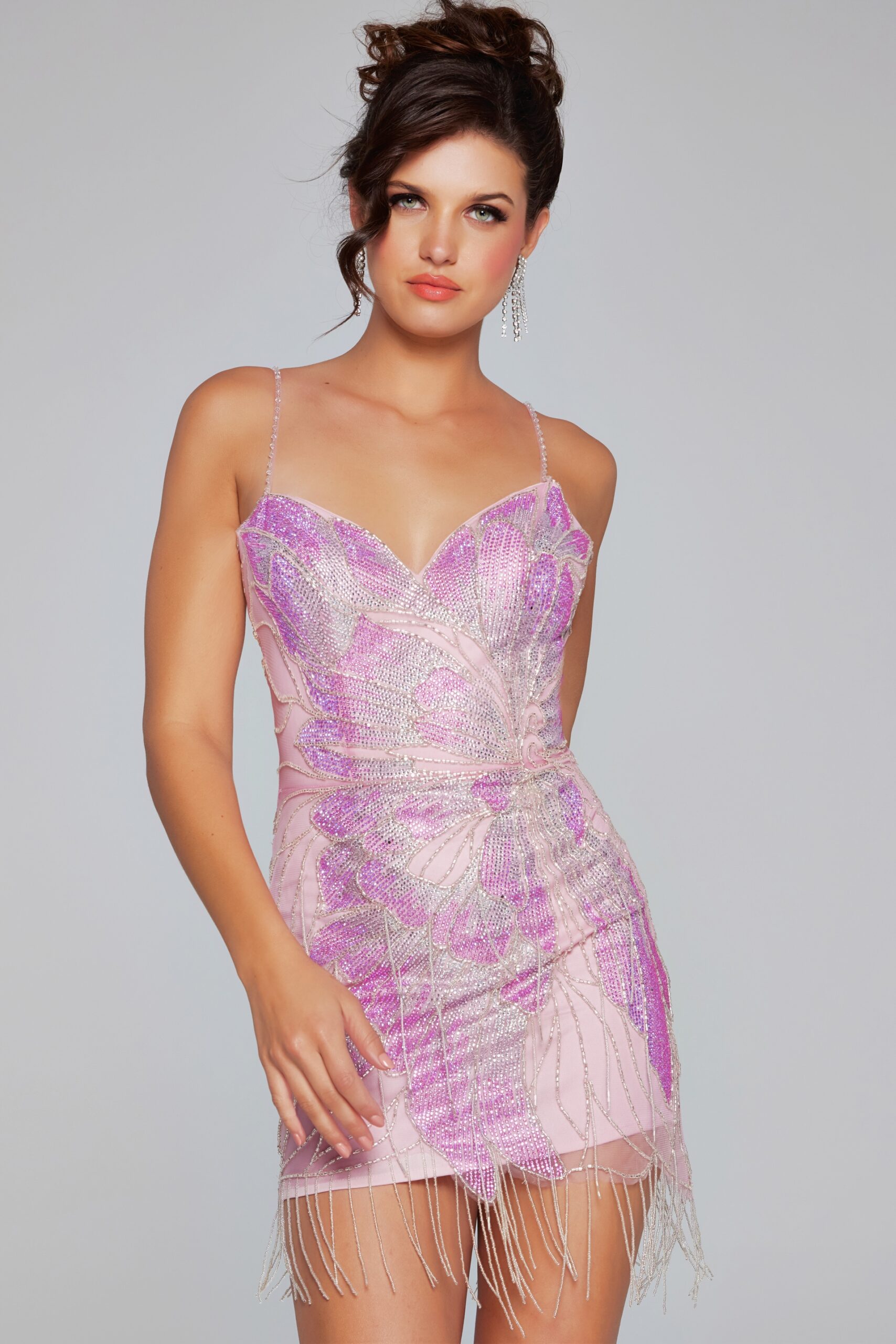 Embellished Lilac V Neckline Short Dress 40377