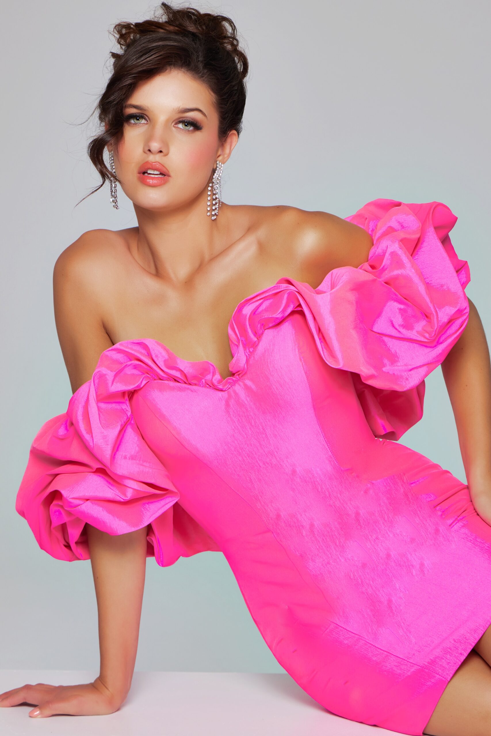 Model wearing Pink Strapless Taffeta Short Dress 40378