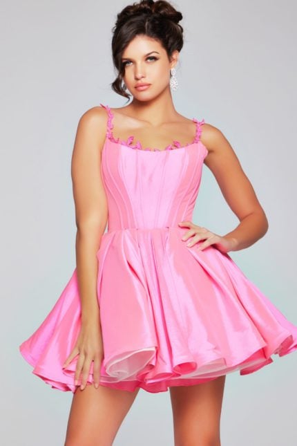 model wearing Jovani 40379 pink mini dress with sweetheart neckline