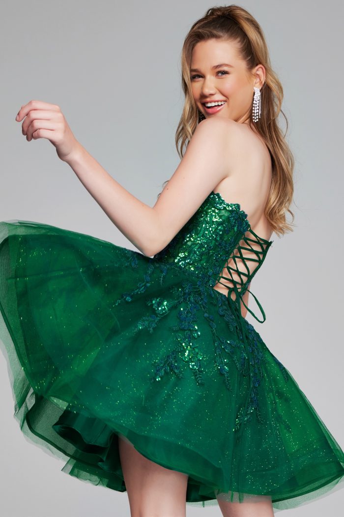 Strapless Embellished Green Fit and Flare Dress 40385