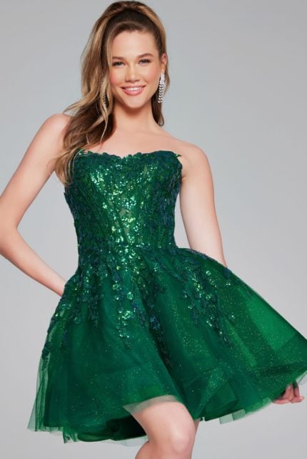 Model wearing Jovani 40385 green dress with strapless neckline and sequins front view