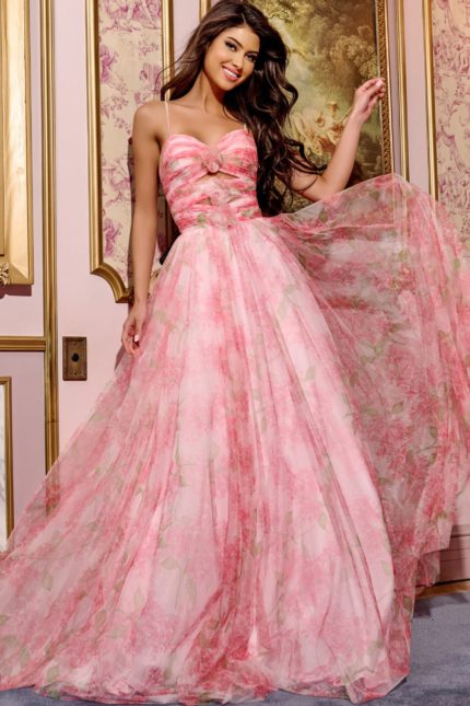 Model wearing Jovani 40402 pink floral A-line gown, front view.