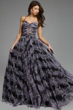 Side view of floral print evening gown featuring delicate cutouts