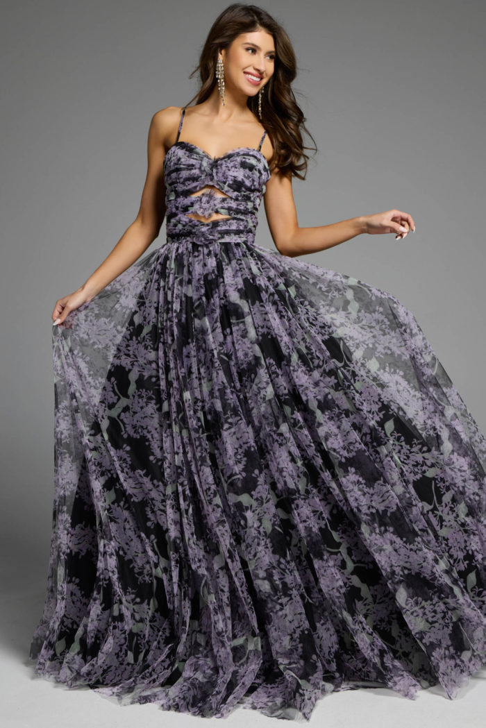 Full-length floral gown with spaghetti straps and layered skirt