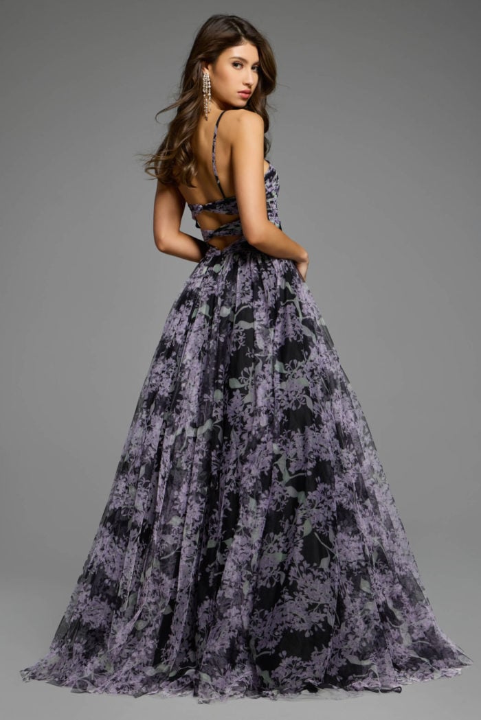 Back view of floral gown with crisscross strap design