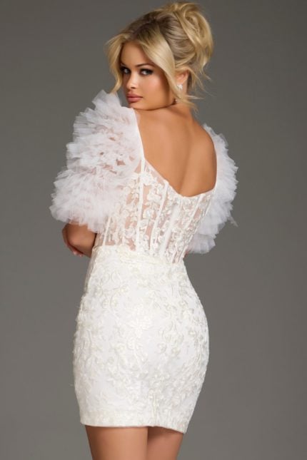 Back view of Jovani 40426 mini dress showing detailed embroidery in white.