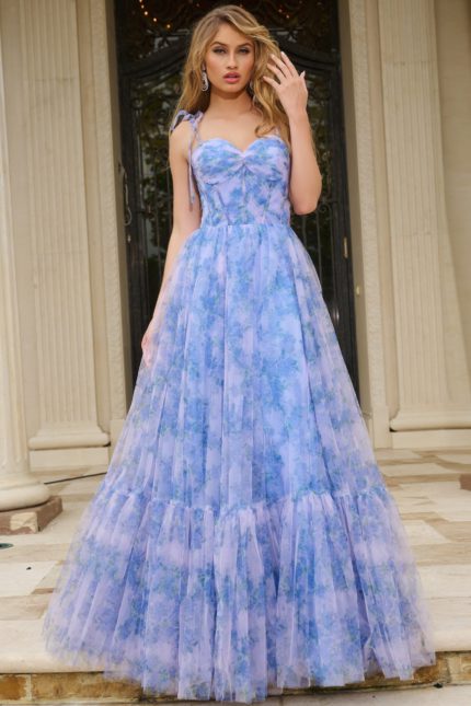 model wearing Jovani 40432 lilac dress showing full-length front view