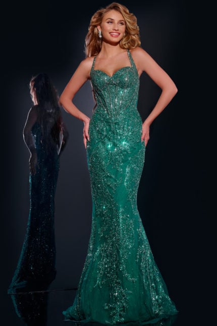 Model wearing Jovani 40470 green mermaid gown with sweetheart neckline and embellishments, front view.