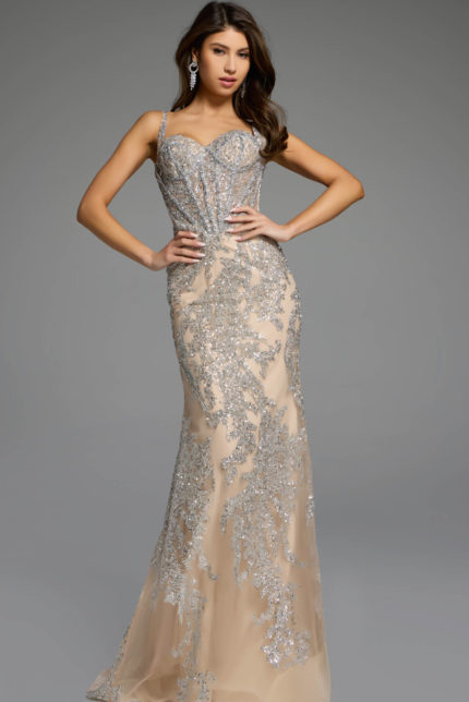 Elegant gown featuring intricate sequin detailing and corset bodice