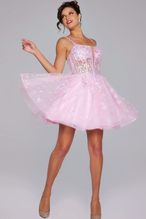 Model wearing Pink Embellished Fit and Flare Dress 40501