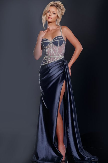 Model wearing Jovani 40506 navy gown with beaded bodice and side slit, front view.