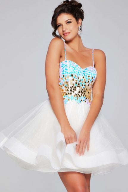 Model wearing Jovani 40516 ivory dress, front view, showcasing A-line silhouette and embellished bodice.