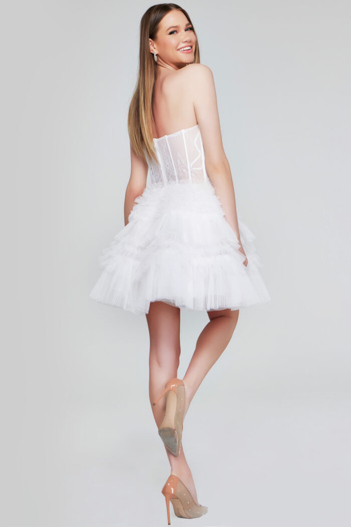 Model wearing Exquisite Off-White Strapless Lace and Tulle Mini Dress 40580