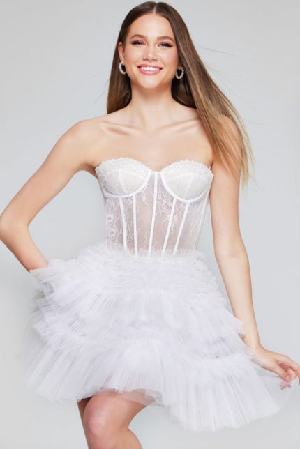 Model wearing Jovani 40580 dress with a lace bodice and tulle skirt, front view.