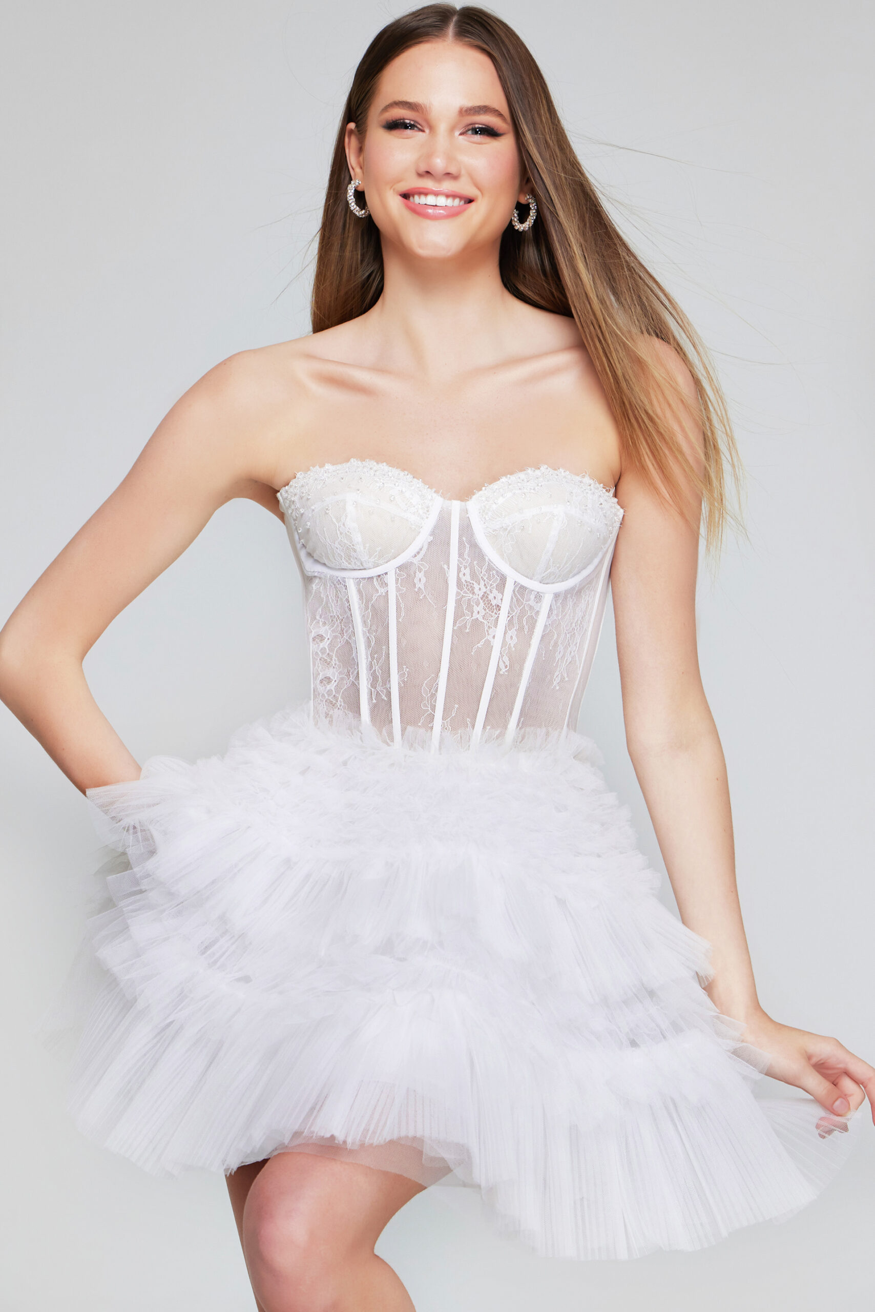 Model wearing Exquisite Off-White Strapless Lace and Tulle Mini Dress 40580