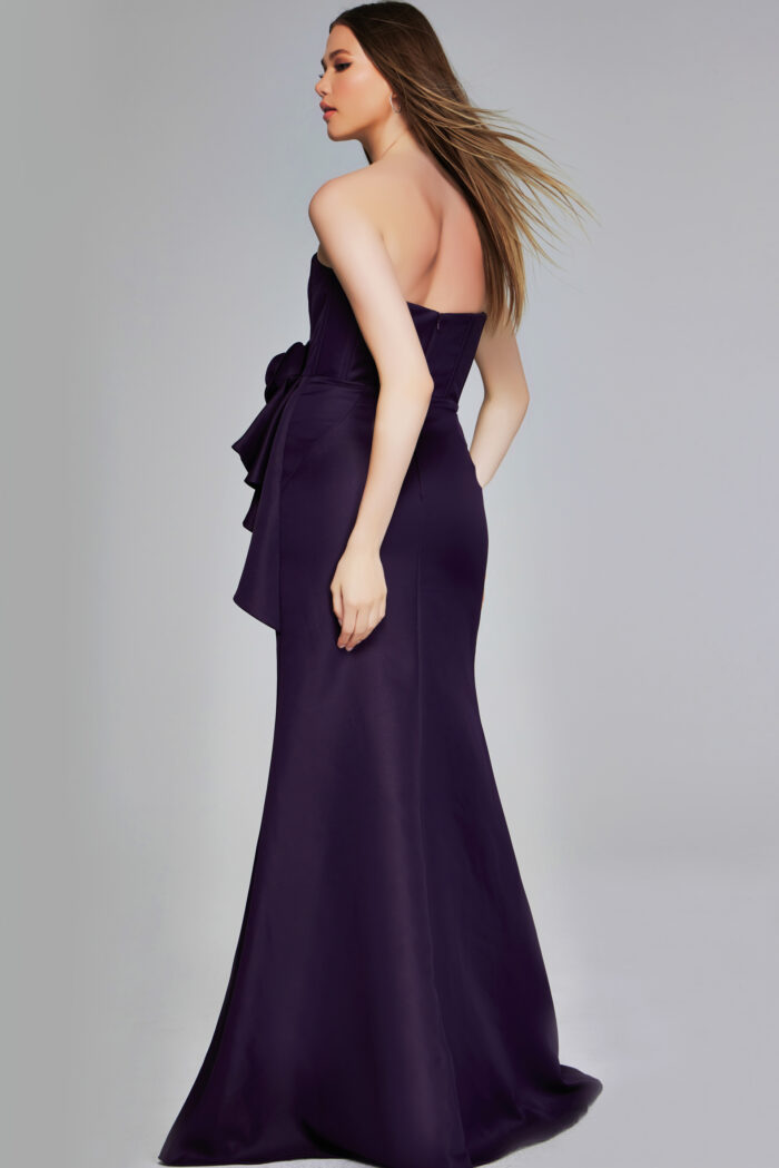 Model wearing Sophisticated Eggplant Strapless Gown with High Slit and Floral Accents 40592