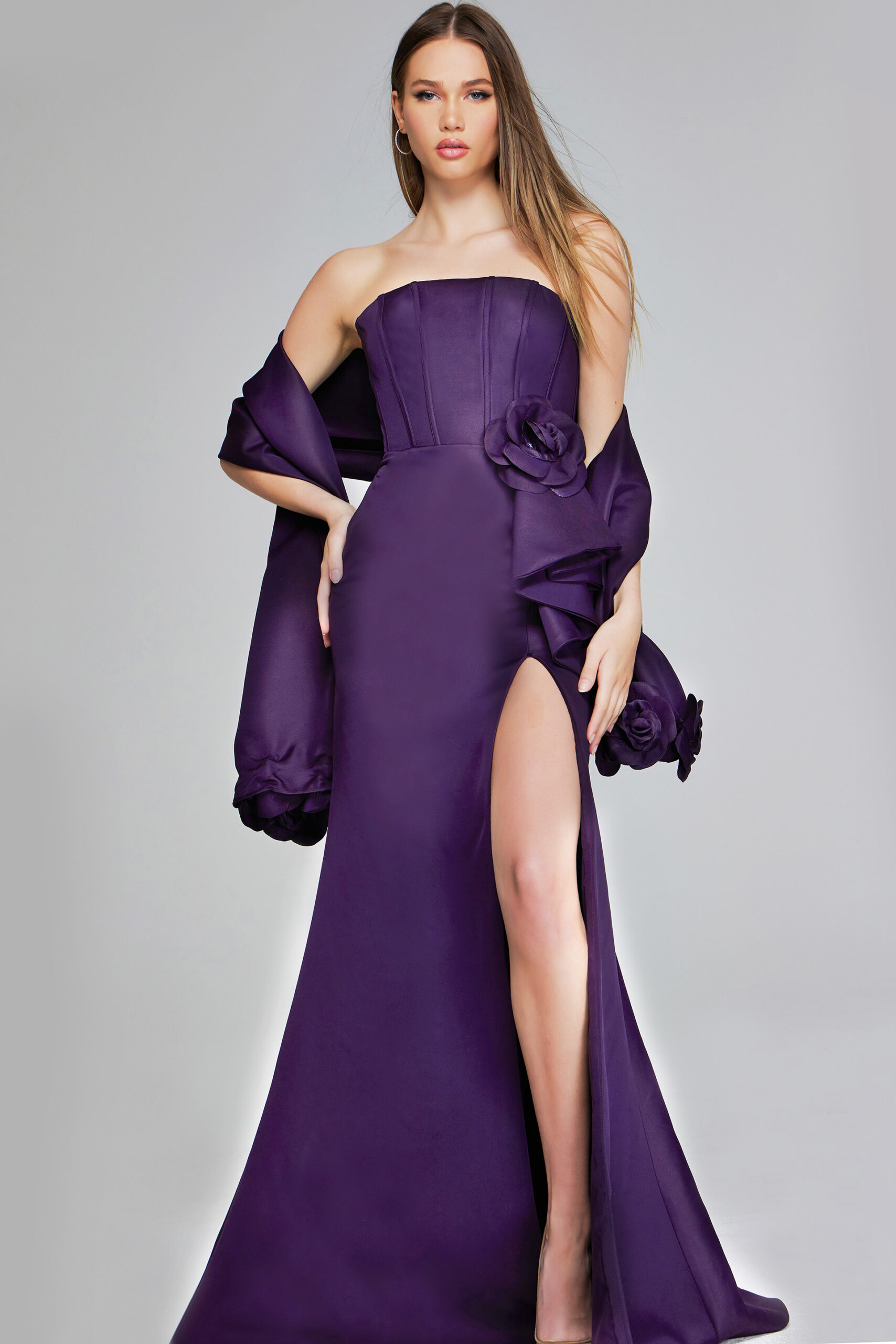 Model wearing Sophisticated Eggplant Strapless Gown with High Slit and Floral Accents 40592