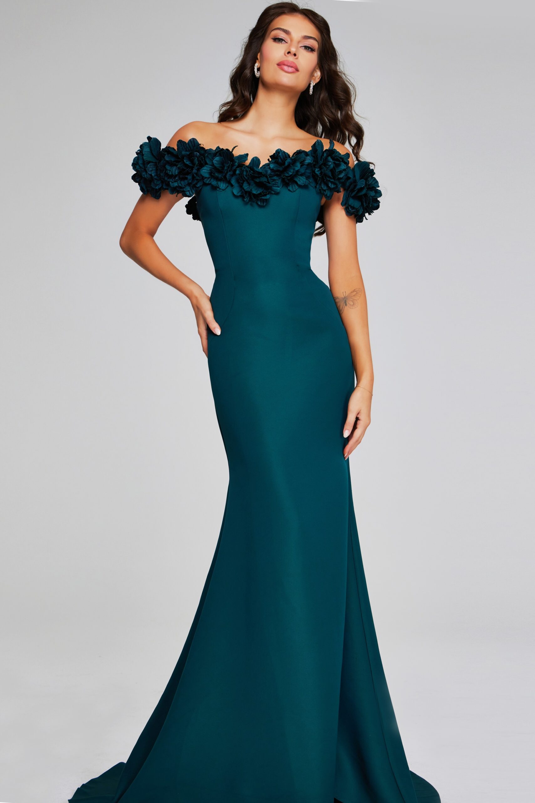 Model wearing Enchanting Emerald Off-Shoulder Gown with Floral Embellishments 40595