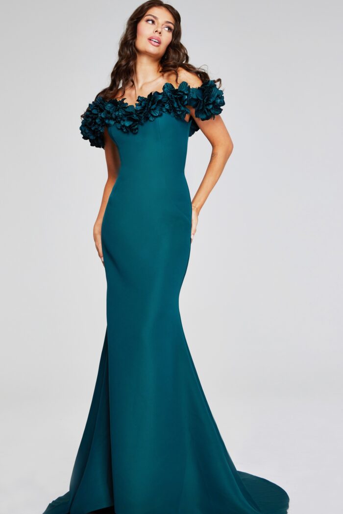 Model wearing Enchanting Emerald Off-Shoulder Gown with Floral Embellishments 40595