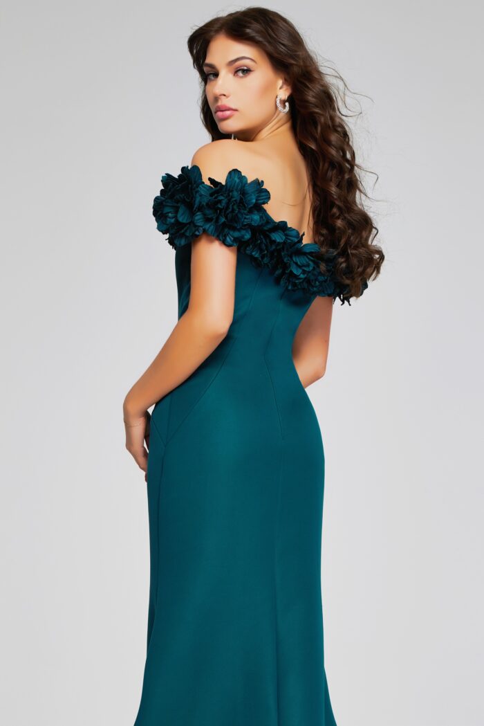 Model wearing Enchanting Emerald Off-Shoulder Gown with Floral Embellishments 40595