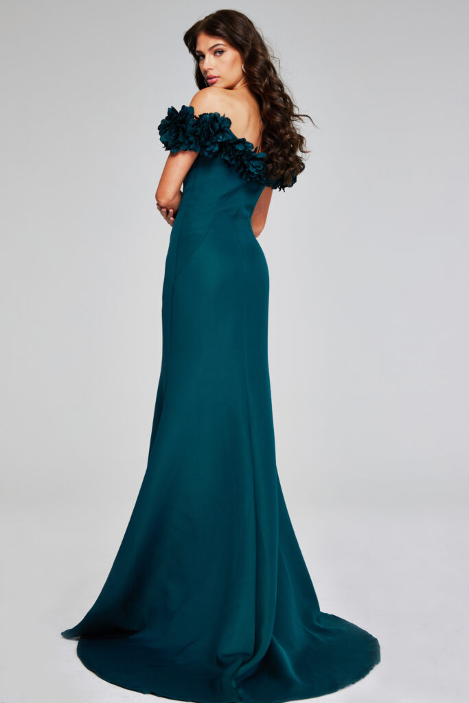 Enchanting Emerald Off-Shoulder Gown with Floral Embellishments 40595