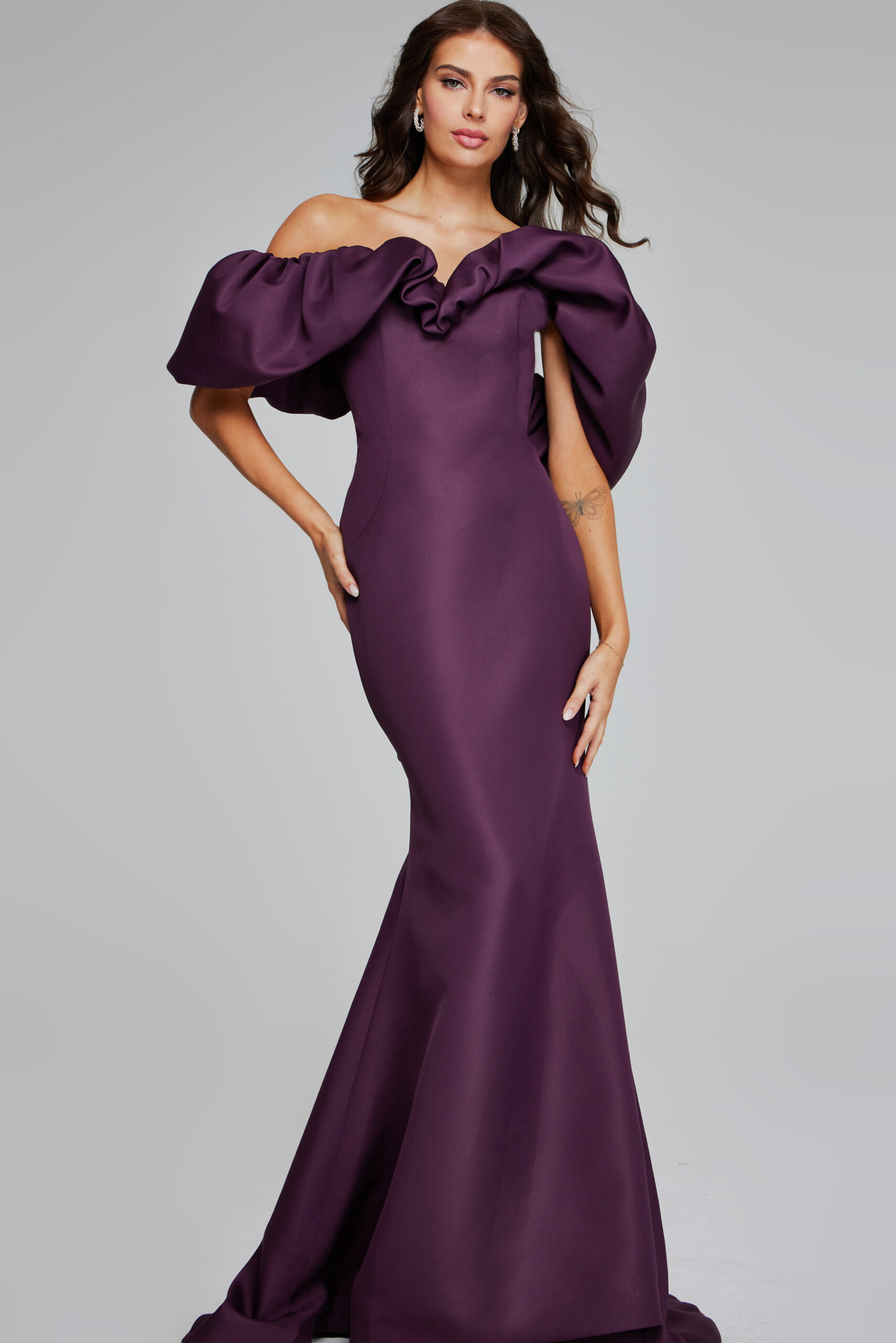 Model wearing Wine Off-Shoulder Gown with Dramatic Ruffled Sleeves 40596