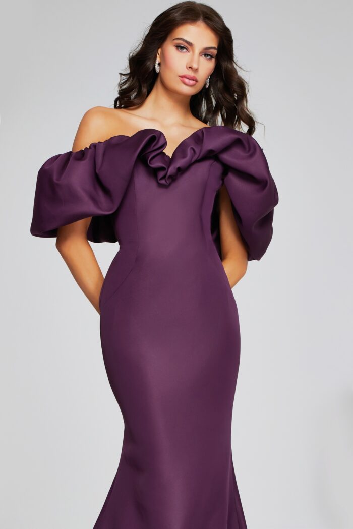 Model wearing Wine Off-Shoulder Gown with Dramatic Ruffled Sleeves 40596