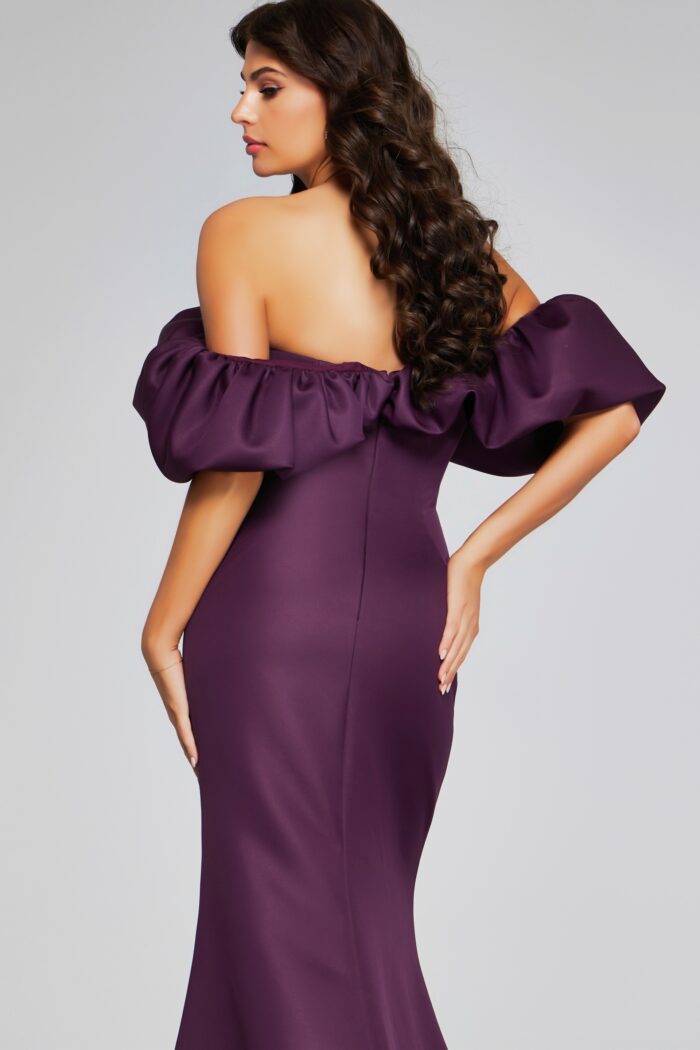 Model wearing Wine Off-Shoulder Gown with Dramatic Ruffled Sleeves 40596