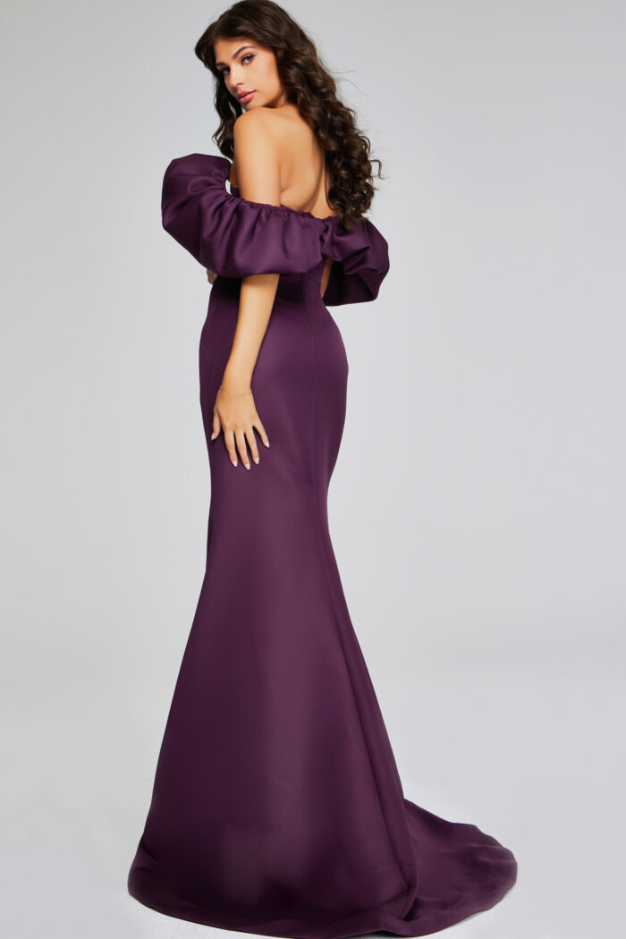 Model wearing Wine Off-Shoulder Gown with Dramatic Ruffled Sleeves 40596