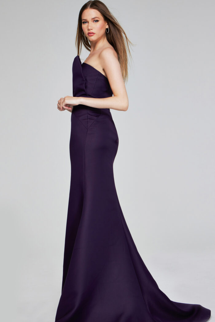 Model wearing Classic Eggplant Strapless Gown with Elegant Silhouette 40598