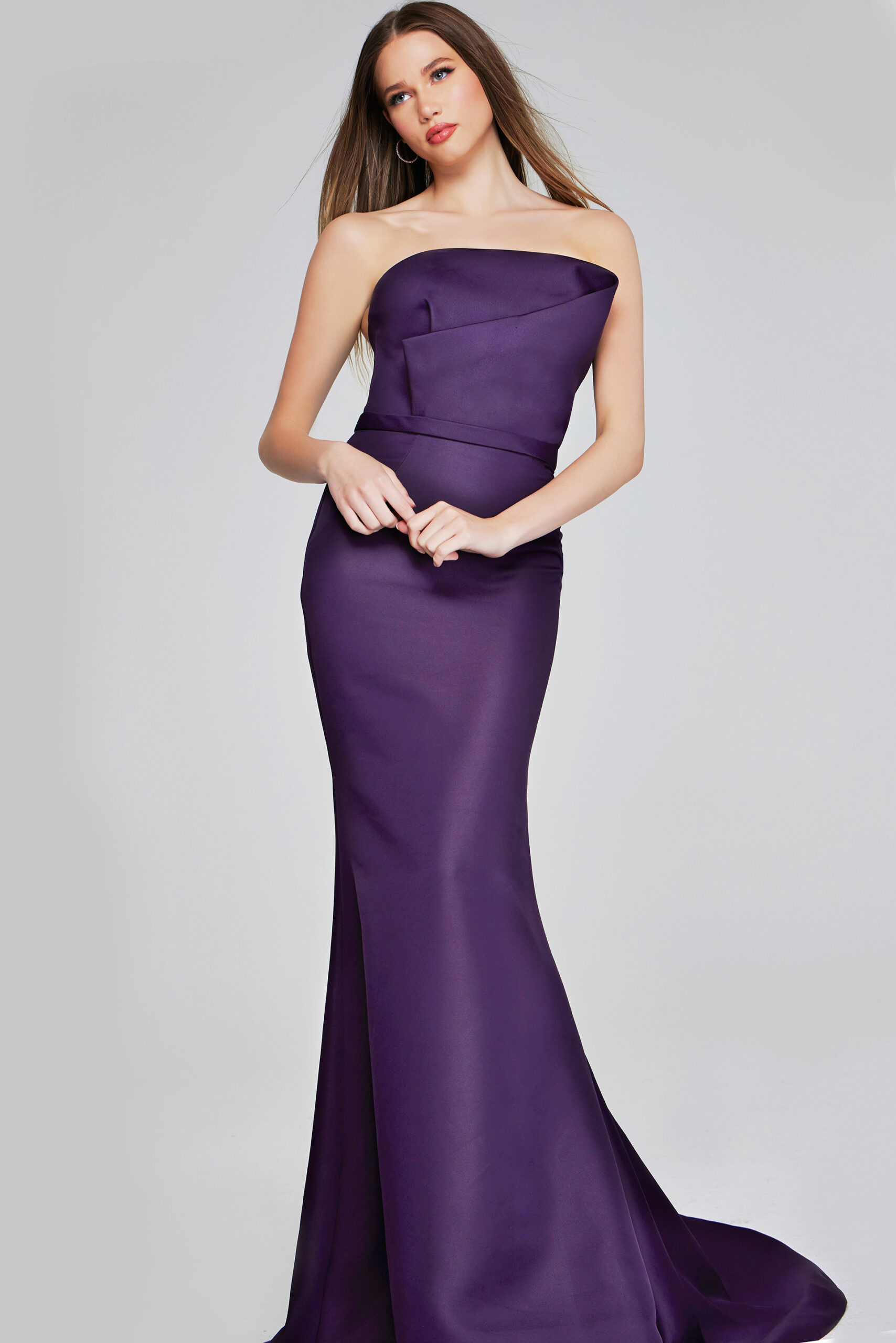 Model wearing Classic Eggplant Strapless Gown with Elegant Silhouette 40598