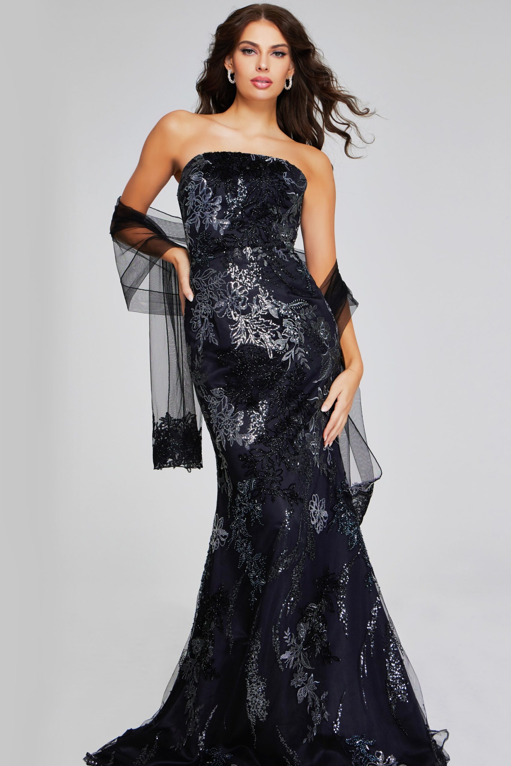Model wearing Glamorous Black Strapless Gown with Intricate Sequin Embellishments 40604