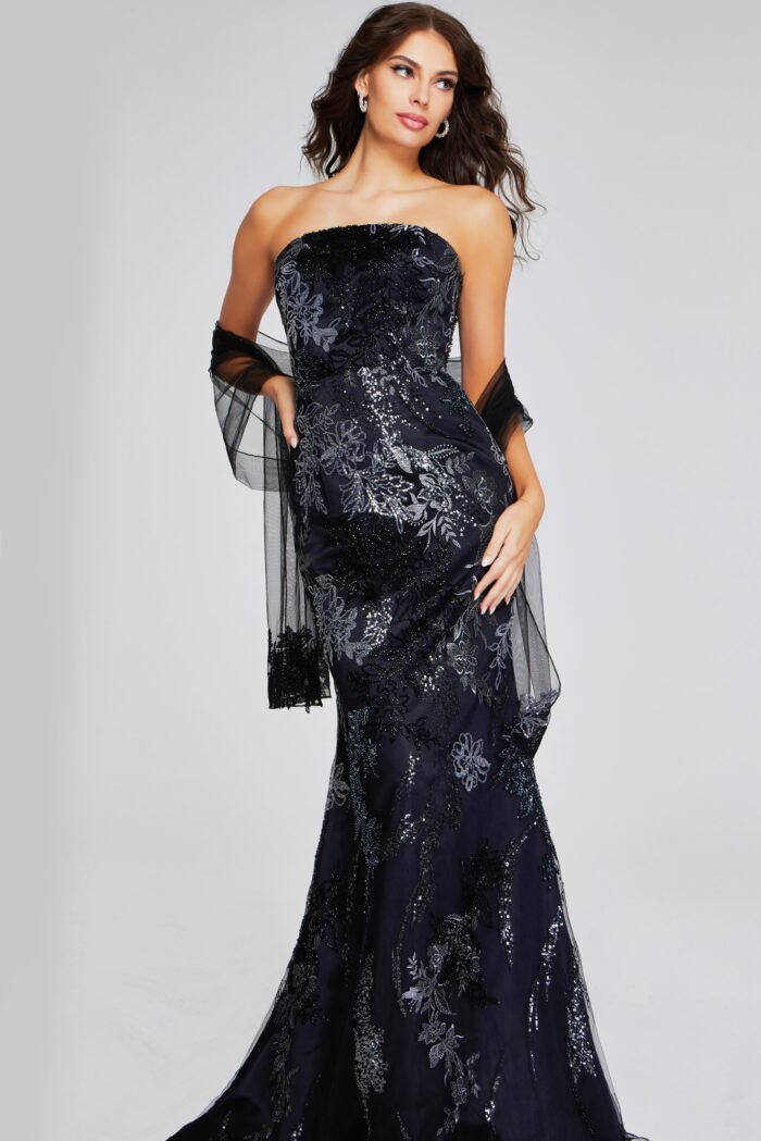 Model wearing Glamorous Black Strapless Gown with Intricate Sequin Embellishments 40604