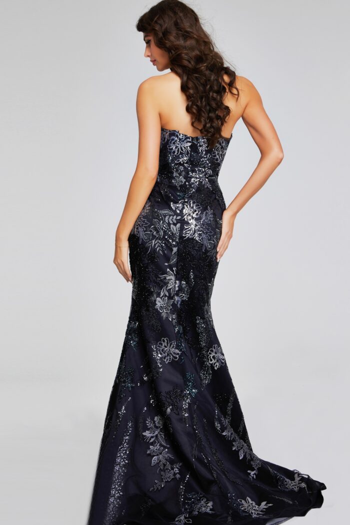 Model wearing Glamorous Black Strapless Gown with Intricate Sequin Embellishments 40604