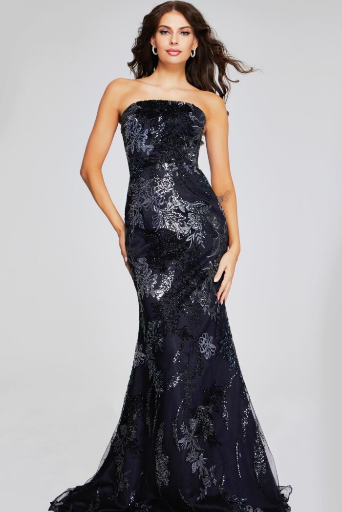 Model wearing Glamorous Black Strapless Gown with Intricate Sequin Embellishments 40604