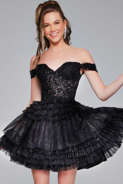 Model wearing Jovani 40612 black mini dress showcasing the flattering front view.