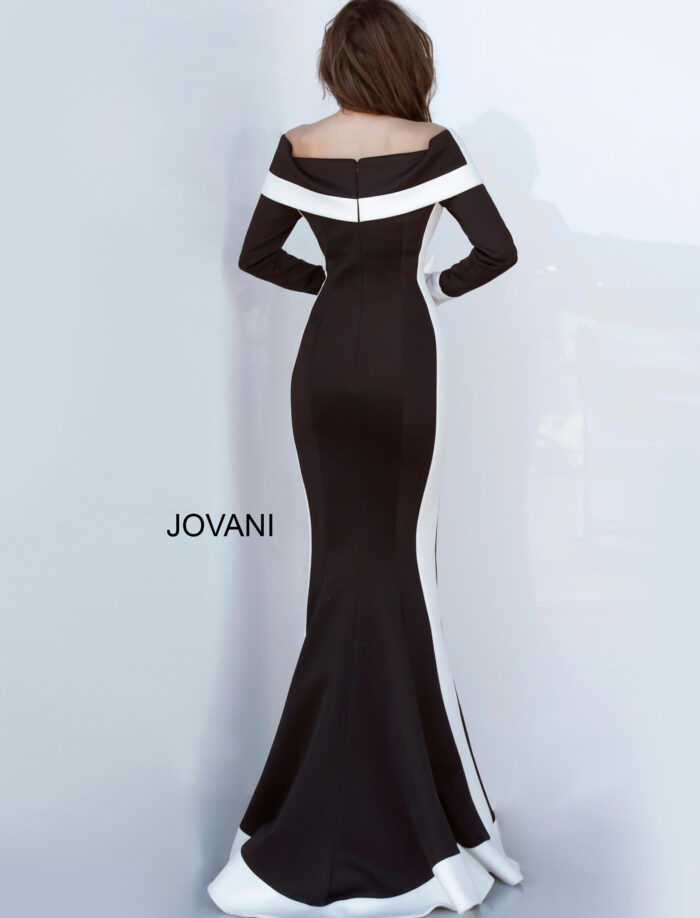 Model wearing Jovani 4062 Black and White Long Sleeve Dress