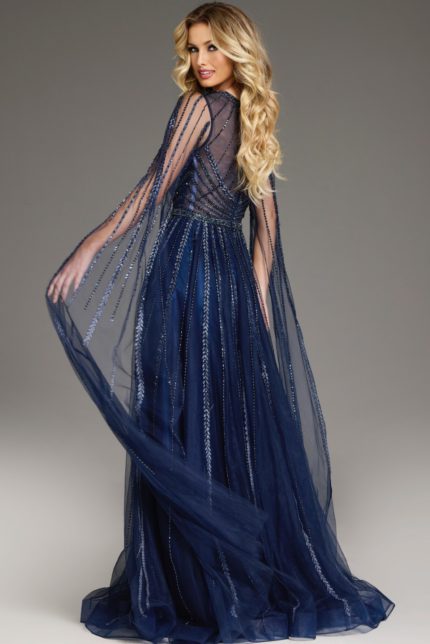 Back view of Jovani 40629 navy gown with long sheer embellished sleeves.