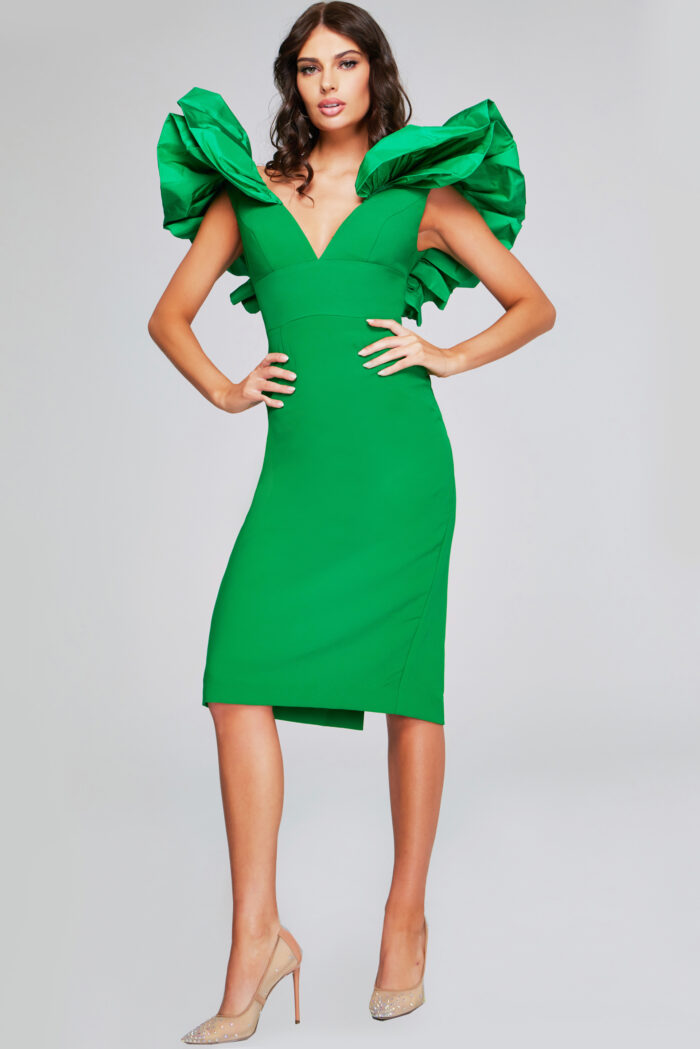 Model wearing Elegant Emerald Green Ruffle Shoulder Midi Dress 40662