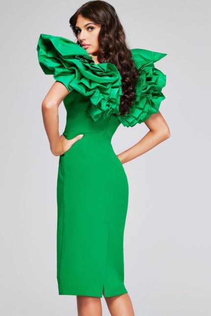 Model wearing Jovani 40662 emerald dress with dramatic ruffled sleeves, back view