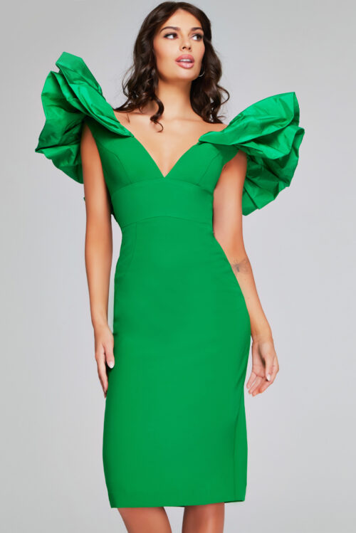 Model wearing Elegant Emerald Green Ruffle Shoulder Midi Dress 40662