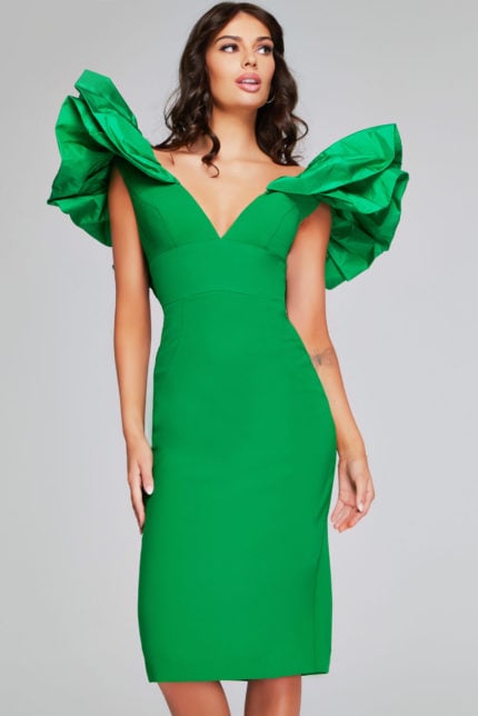 Model wearing Jovani 40662 emerald dress with deep V-neckline and ruffled sleeves, front view