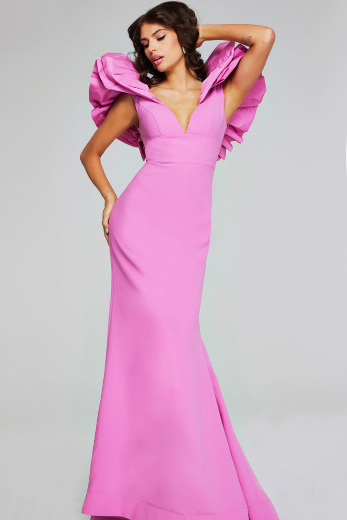 Model wearing Bold Rose Pink Gown with Dramatic Ruffled Shoulders 40663