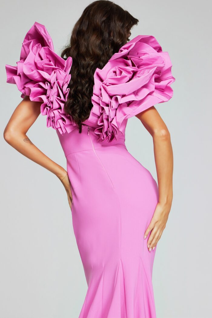 Model wearing Bold Rose Pink Gown with Dramatic Ruffled Shoulders 40663