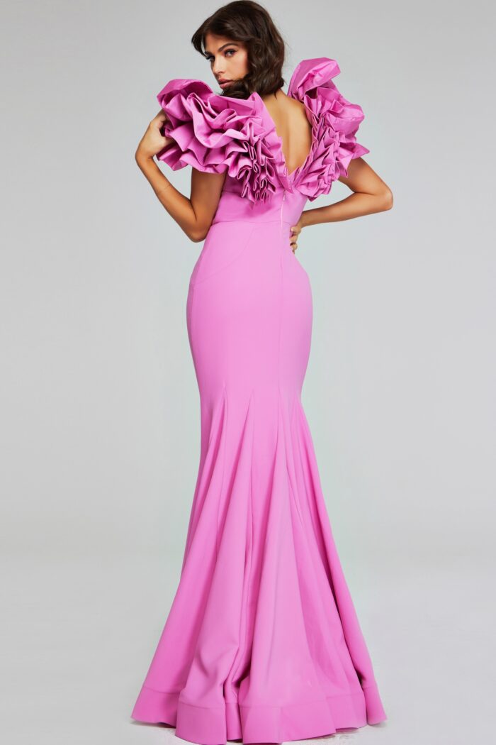 Model wearing Bold Rose Pink Gown with Dramatic Ruffled Shoulders 40663