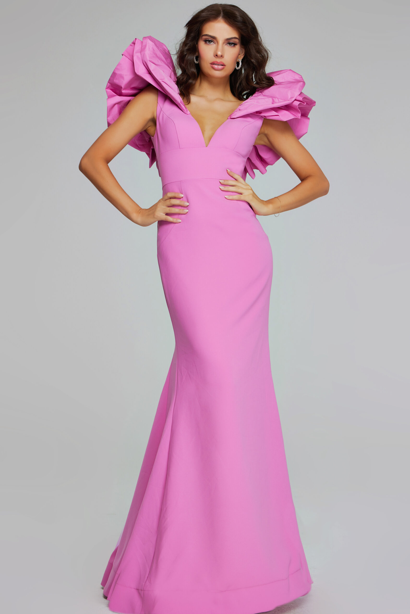 Model wearing Bold Rose Pink Gown with Dramatic Ruffled Shoulders 40663