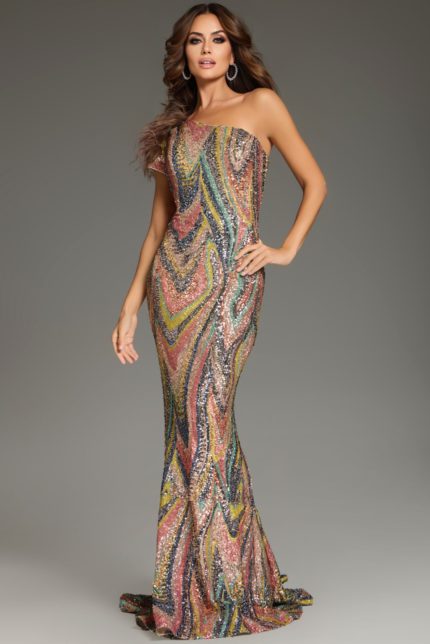 model wearing 40666 multi-colored gown with one shoulder and feather detail