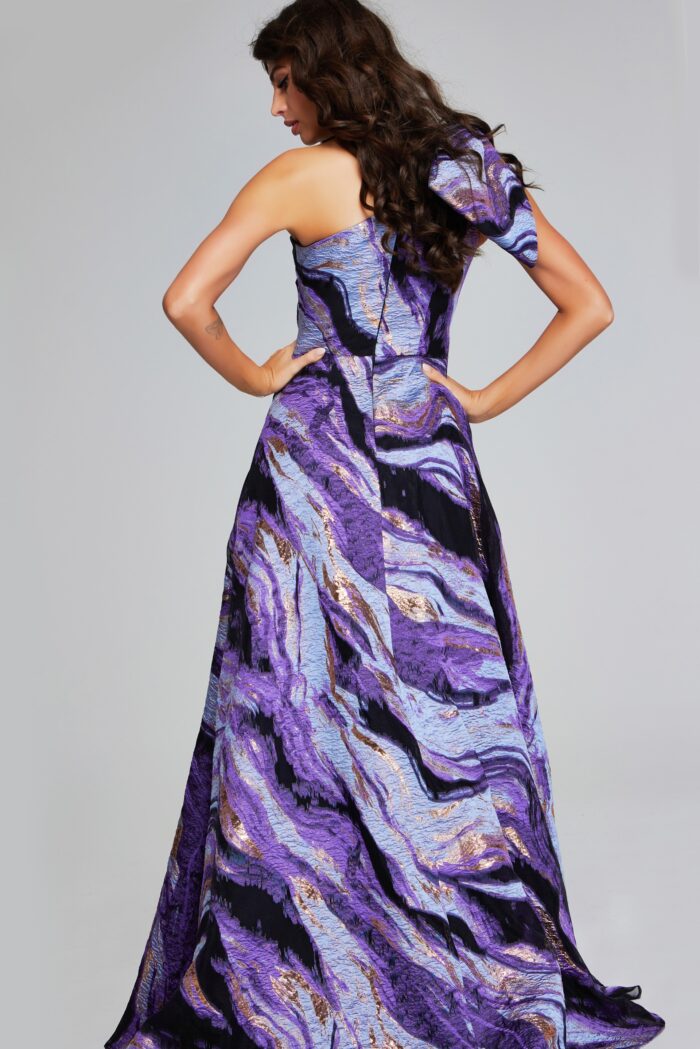 Model wearing Vibrant Purple Multi-Print One-Shoulder Gown with Bow Detail 40695